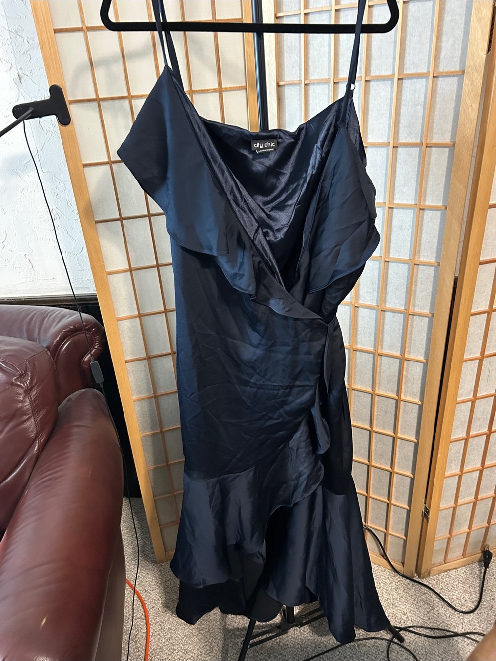 City Chic navy satin ruffle midi dress